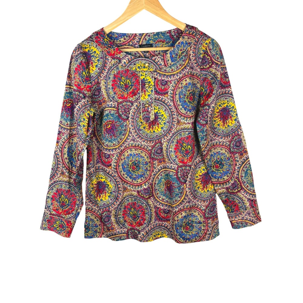 Talbots LongSleeve Cotton Medallion Top 6 Boho Vibrant Layer Preppy Breathable
